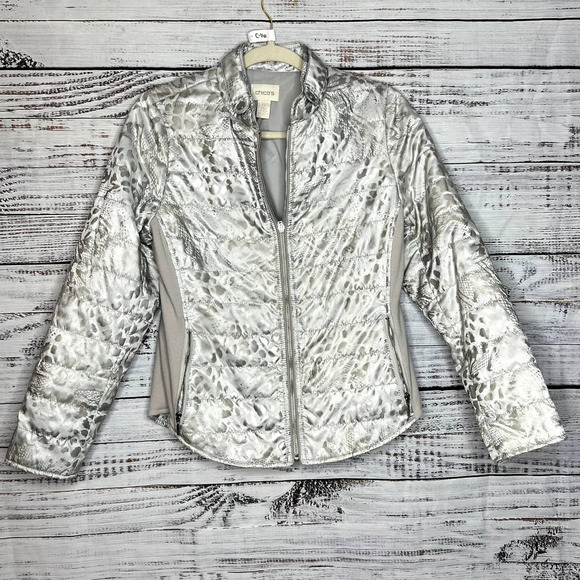 Chico's Silver Leopard Print Bomber Jacket Women's Small - Picture 1 of 4